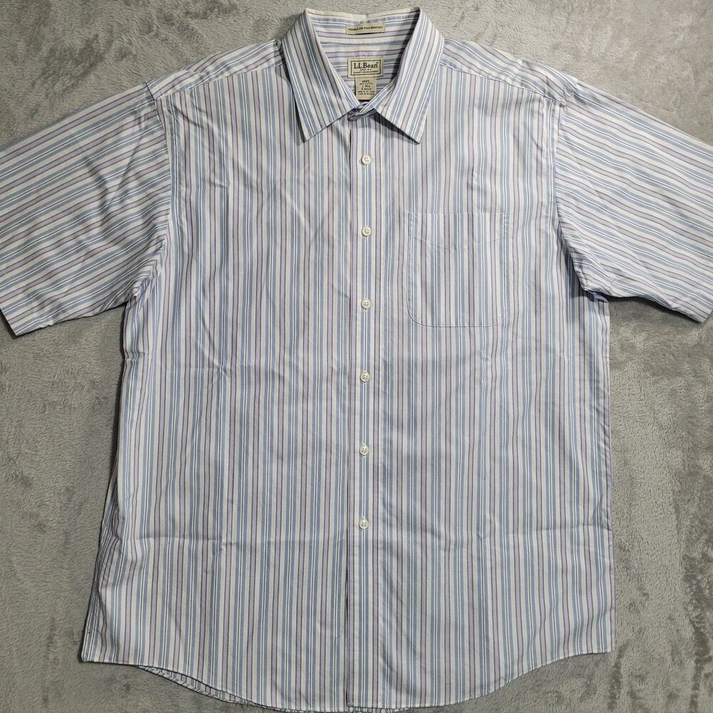 L.L.Bean Shirt Mens Large Blue Striped Short Sleeve Wrinkle Resistant Cotton